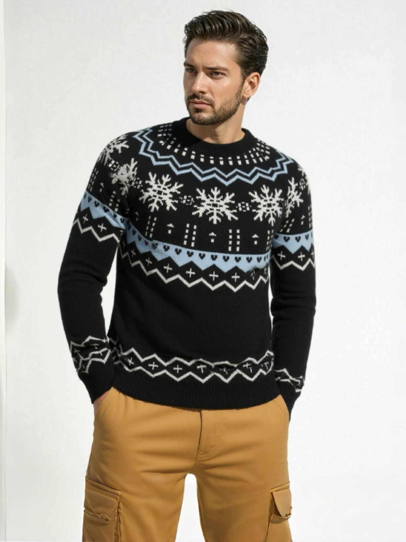 Men's Christmas Fair Isle Knit Sweater, Soft Fuzzy Round Neck Long Sleeve Pullover, Vintage Nordic Geometric Pattern, Warm Casual Winter Holiday Wear