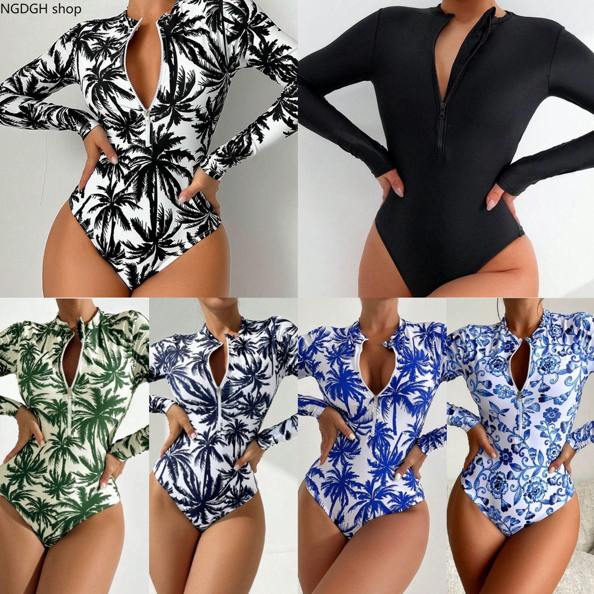 Trendy Long Sleeve One Piece Swimsuit for Women, Flattering Figure Hugging Surf Suit with Zipper Front, Perfect Beach Vacation & Summer Pool Party