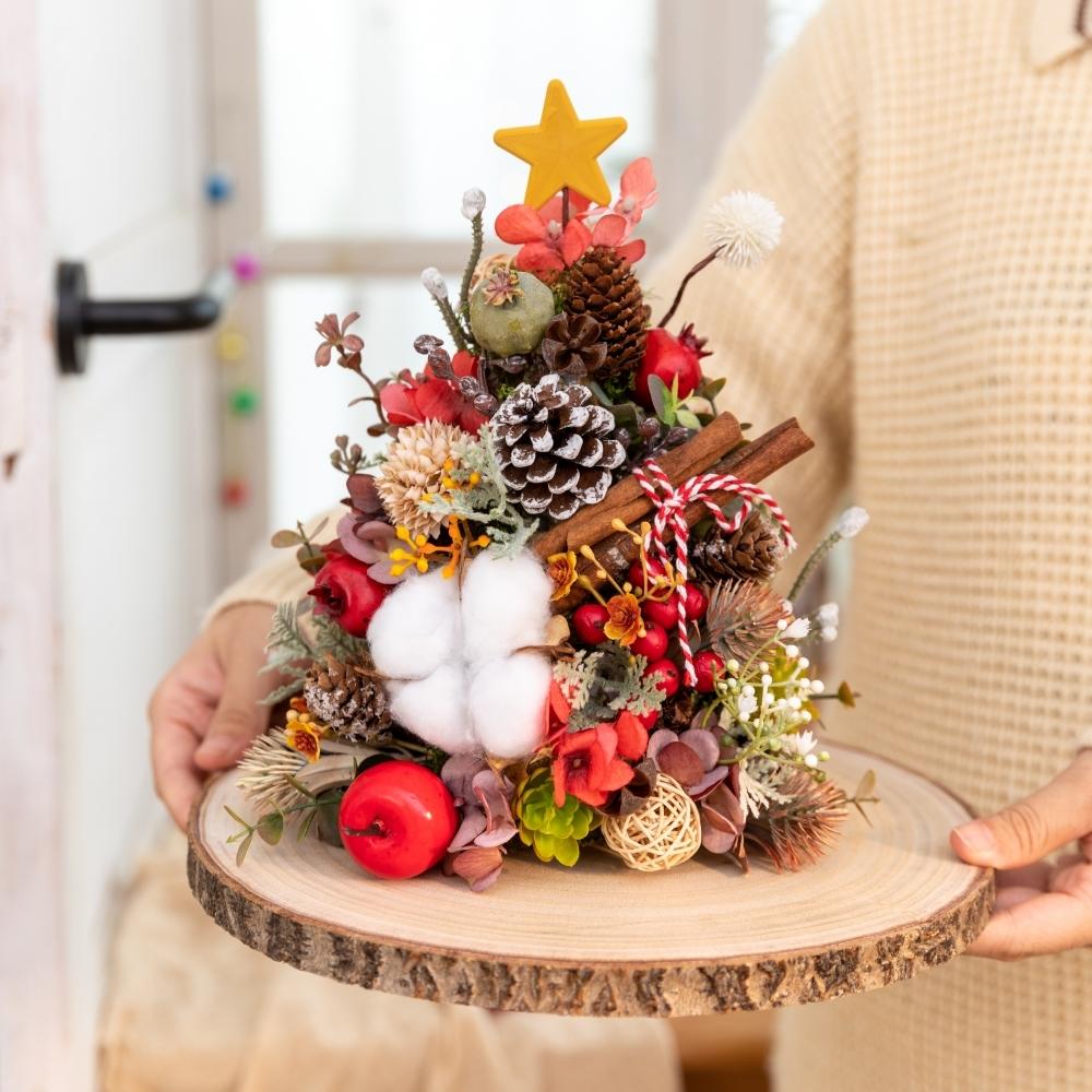 Fall Vintage Artificial Christmas Tree Ornament, Artificial Flowers with Wooden Base, Christmas Decor, Fake Plants, Home Room Office Decor, for Holiday Autumn Thanksgiving Christmas Party Decor, Coffee Shop Atmosphere Decor, Does not include light strings