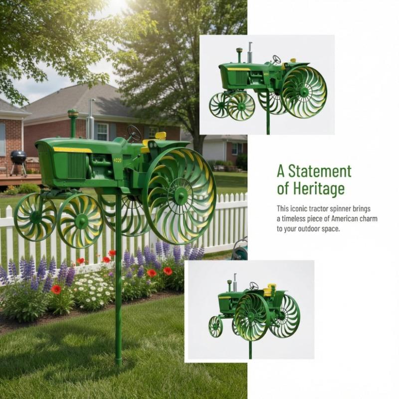 Garden Windmill Turntable - Green tractor-shaped windmill pile with rotating wheel, suitable for courtyard, courtyard, garden, unique outdoor sculpture decoration, is the perfect gift for relatives and friends