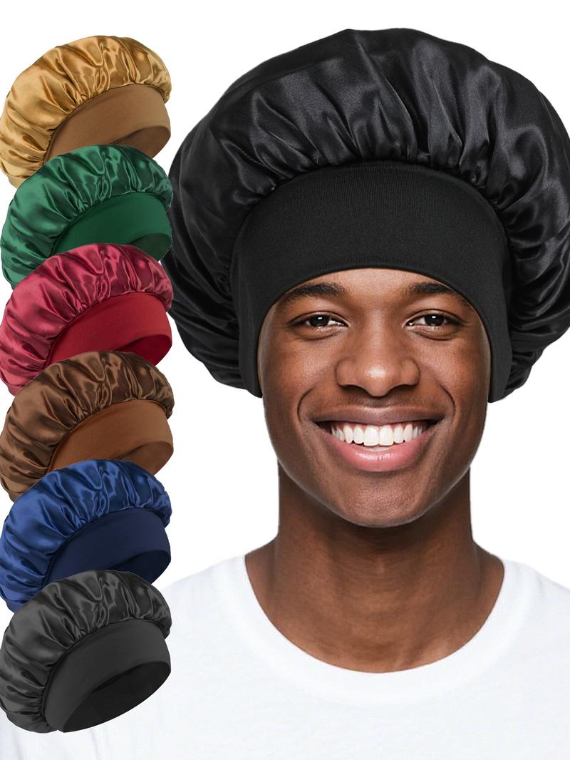 6 Pieces Pack,  Men's Bonnet Set, Pure Color Satin Sleep Cap, Unisex Casual Comfortable Home Use, Soft Silk-Like Material