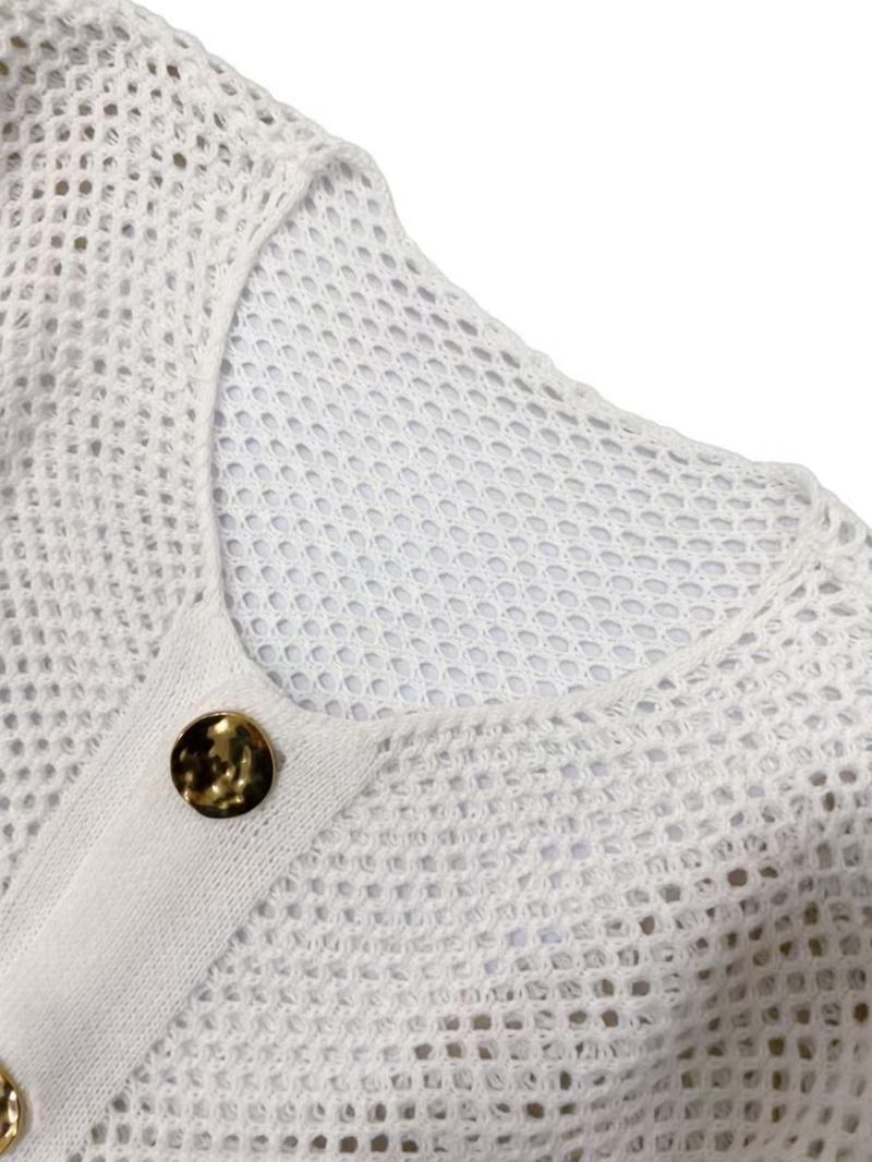 Women's Solid Color V-Neck Long Sleeve Hollow Out Button Knit Cardigan Sweater, Casual Fashion Pullover for Spring & Fall