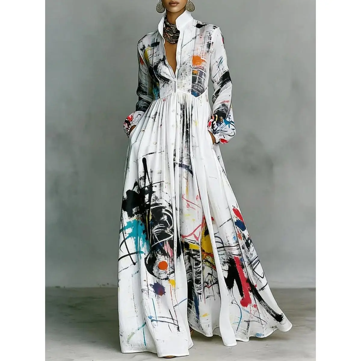Women's Abstract Print Maxi Shirt Dress, Long Sleeve Button Front Design with High Collar, Deep V Neck, Pleated Waist and Pockets, Flowy Elegant A-Line Dress for Parties, Vacation, Evening Events and Special Occasions
