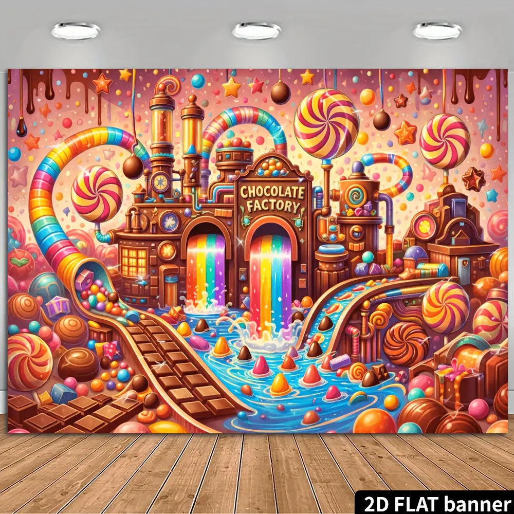 Chocolate Factory Double Rainbow Waterfall Backdrop with Circular Lollipop Pipe Decoration, Durable Material, No Installation Required. Suitable for Parties, Studios, Photography Backdrops, and Home Decor.