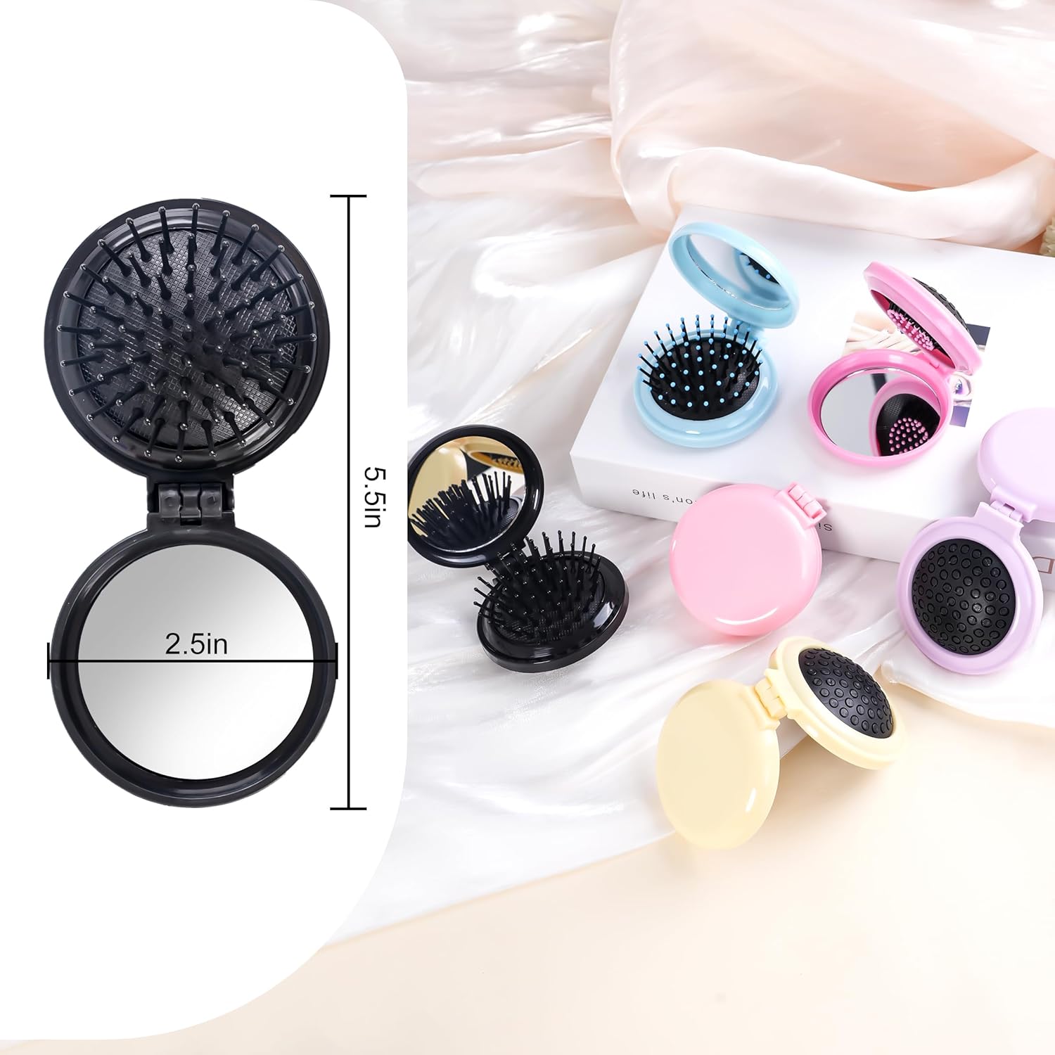 6 Pcs Mini Hair Brush, Compact Travel Hair Brush, Portable Travel Brushes for Hair with Makeup Mirror, Round Hair Massage Comb for Women Girls, 6 Colors