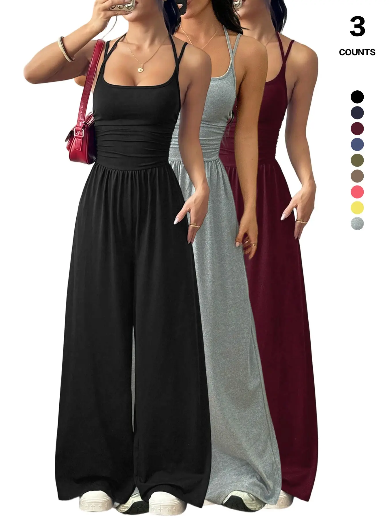 Women's Sleeveless Jumpsuit, Pleated Waist Wide-Leg Pants, One-Piece Design, Fitted Style, All-Season Wear, Plain Pattern
