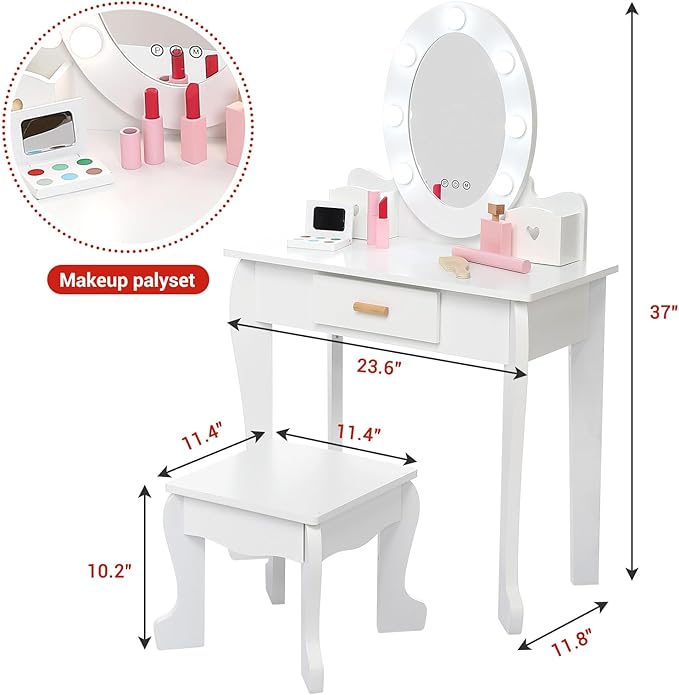 Kids' Vanity Set with Mirror and Light, Makeup Table and Stool for Girls, Vanity Table and Chair Set with Wood Makeup Playset for 4-9 Girls
