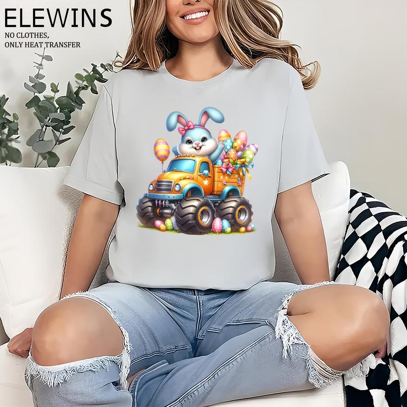 Cute Easter Bunny Riding Monster Truck Iron-On Transfer Stickers, DTF Heat Transfer Vinyl, Unisex Washable DIY Plastic Transfers