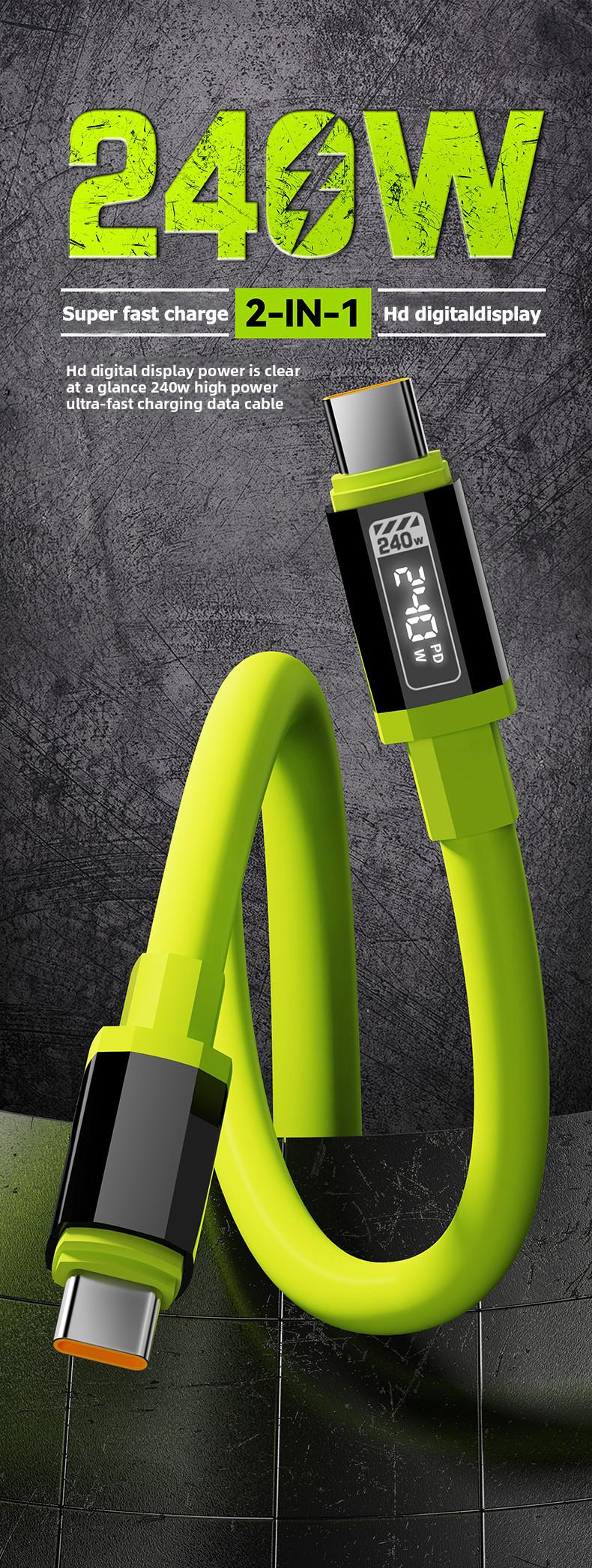 Super soft liquid silicone durable data cable 240W Digital Display Flash Fast Silicone Charging Cable 4.9ft Type C+Type C Type C+Lightning Data Sync Cable for Phones Tablets and Computers Aluminium Alloy