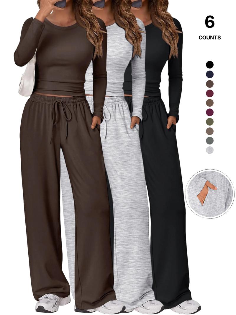 2026 Women's Two-Piece Loungewear Set, Soft Long-Sleeved Round-Neck Crop Top, Drawstring High-Waisted Wide-Leg Pants with Pockets