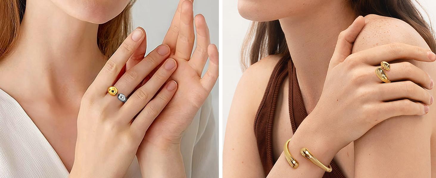 Chunky Open Rings for Women Gold Silver Adjustable Dome Teardrop Rings Bold Thick Statement Rings Simple Stackable Band Rings