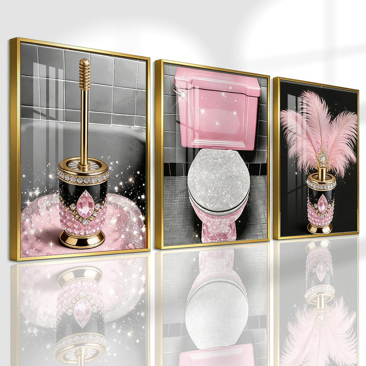 3 Counts Aluminum Alloy Framed Painting, Luxury Pink Diamond Feather Toilet Brush Set Pictures, Home Decoration For Living Room, Bedroom, Office, Restaurant, Hallway Wall Decor, Odorless Print Artwork, Luxury Perfect Gift For Friends And Family