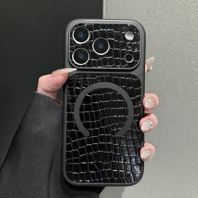 Magnetic crocodile leather pattern instantly changes to 17 shock-absorbing phone case suitable for iPhone 17 16 15 14 13 12 11ProMax Plus Air compatible with MagSafe wireless charging retro simple large window