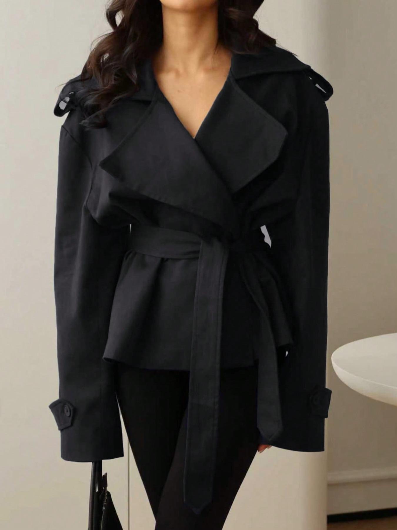 Women's Belted Windproof Jacket, Waterfall Neck Design, Long Sleeve, Non-Elastic Fabric