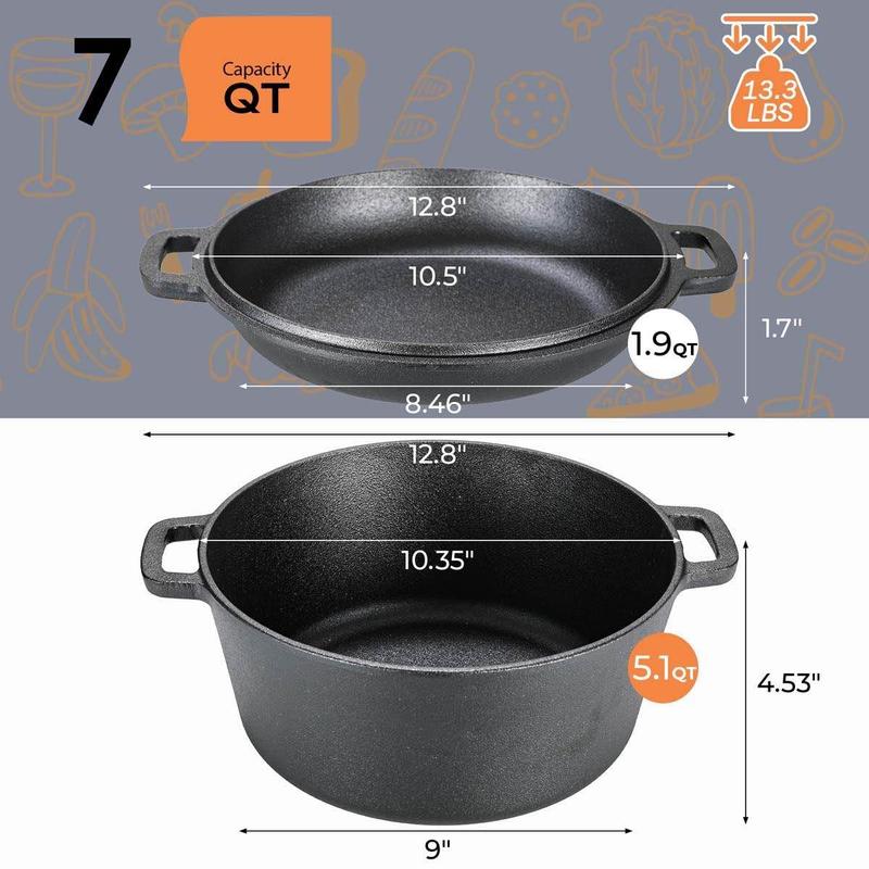Cast Iron Dutch Oven Pot with Lid, Pot (5.1/6.7QT) And Lid As A Skillet (1.9/2.5QT) - Dutch Oven Cast Iron with Silicone Holders, Iron Stand, for Oven, Stove, Grill, Campfire, Mother's Day And Father's Day Gifts, Thanksgiving Day And Christmas Gifts