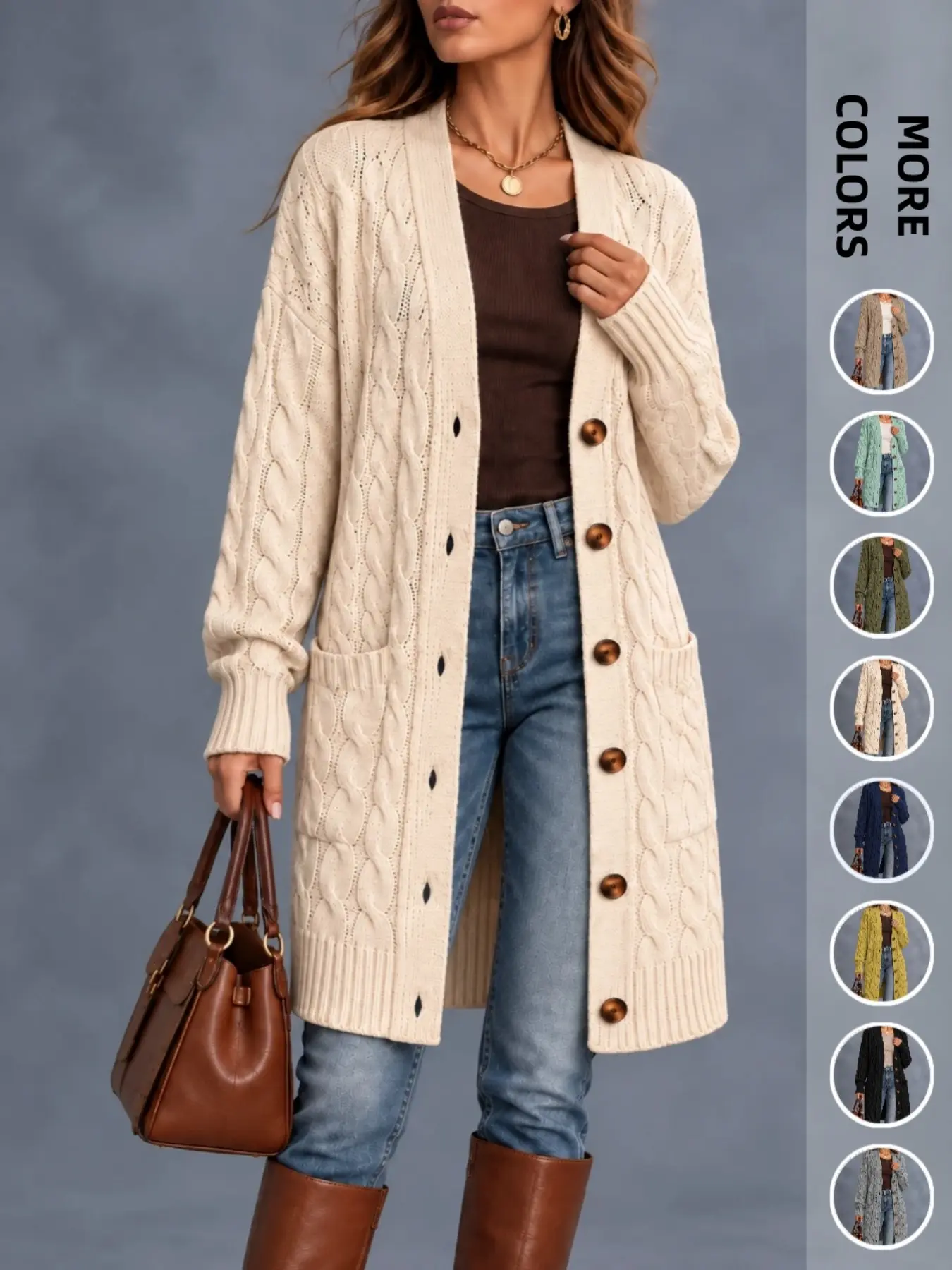 Women’s Long Cable Knit Cardigan Sweater Knitwear, Oversized Button Front Knit Coat with Patch Pockets, Cozy V Neck Long Sleeve Open Front Outerwear for Fall Winter