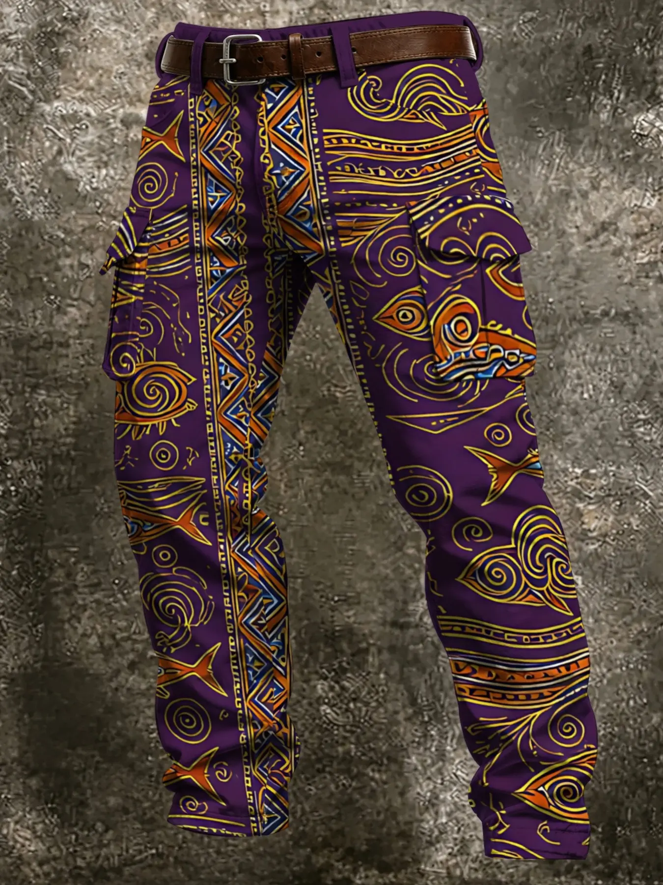 Tropical Tribe Wave Fish Pattern Cargo Pants, Abstract Sea Fish, Swirl Water Texture, Ethnic Geometric Trim, Side Pockets, Ankle Length, Slim Fit