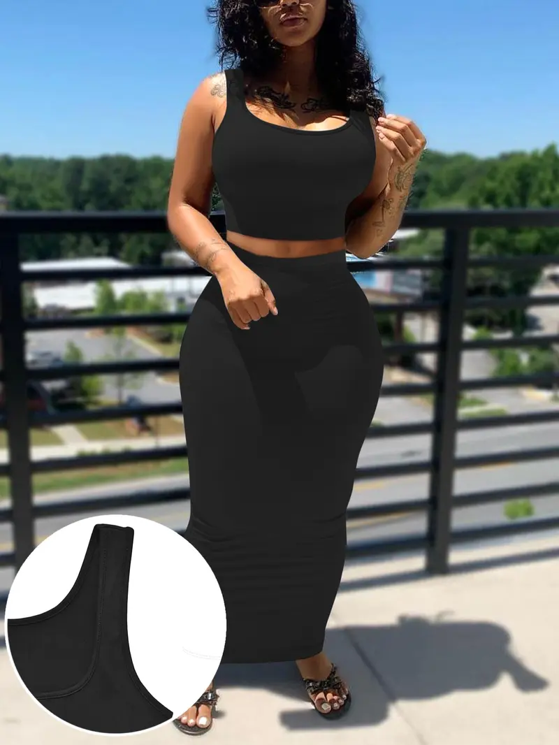 2-Piece Breathable Stretchy Sexy Sporty Casual Slim Fit Knit Crop Sleeveless Tank Top & High-Waisted Skirt Set for Beach, Vacation and Date, Street Style Womenswear