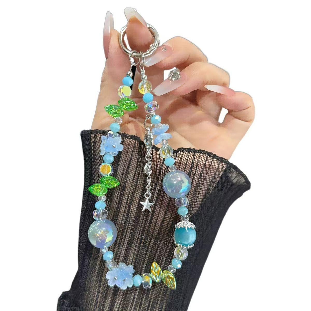 European Style Crystal Phone Charm, Blue Flower Leaf Pearl Silver Star Pendant, Anti-Loss Phone Chain, Fits Phone Case, Ccd Camera Bag Strap