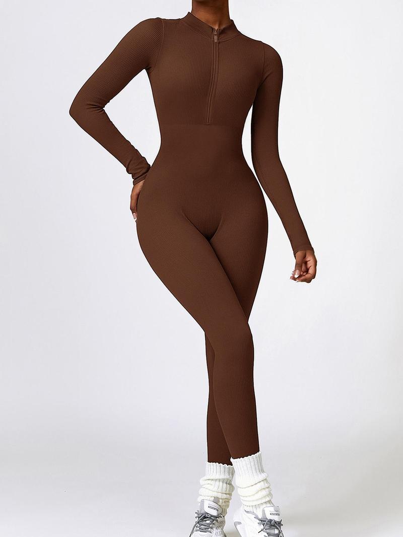 Women's Threaded Long-Sleeved Trousers Seamless Knitted Jumpsuit European & American Winter Tight-Fitting Long-Sleeved Yoga Jumpsuit Zip-Front Tummy-Control High-Intensity Workout Fitness Wear for Women Sportswear Jumpsuits