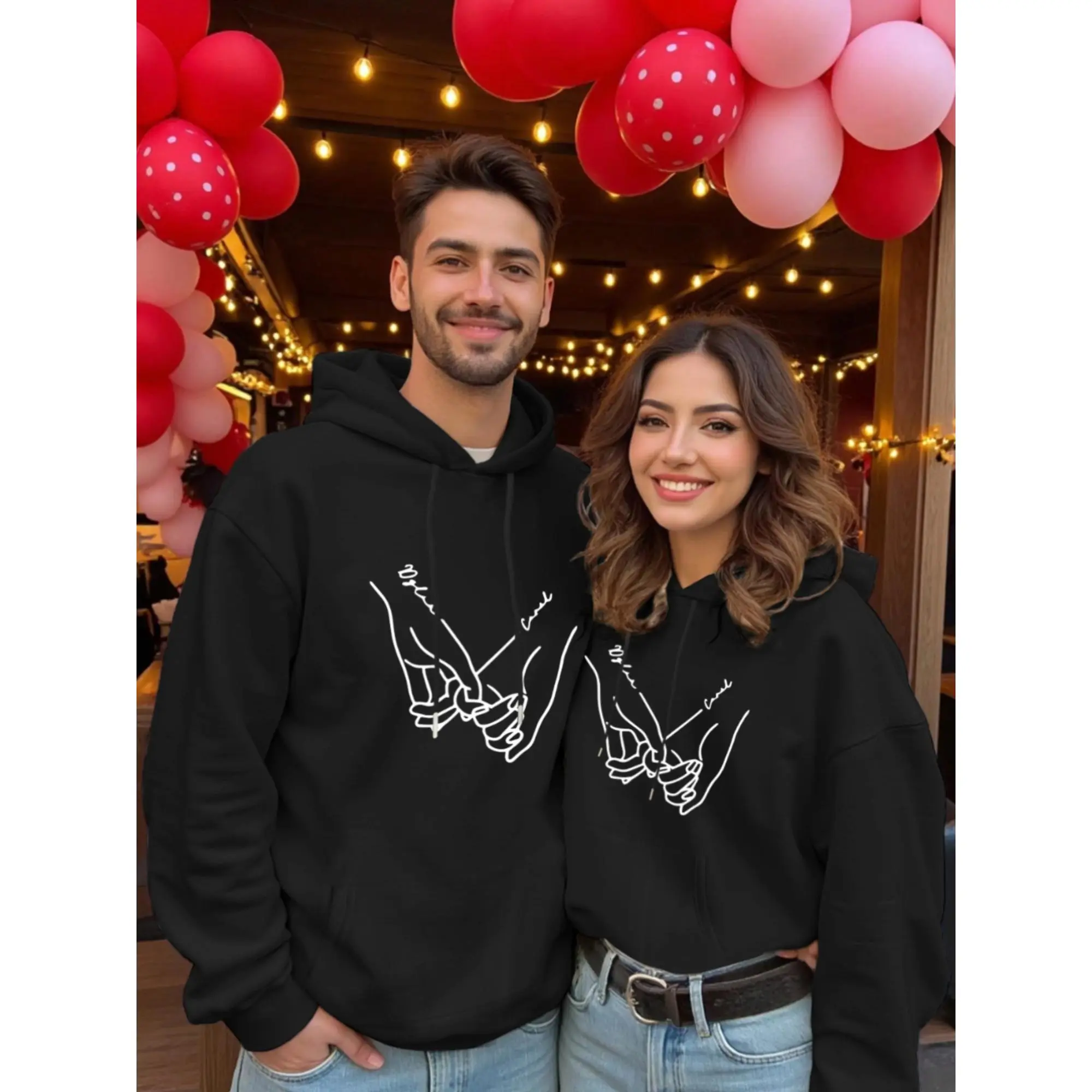 His & Hers Matching Couple Outfit Set - Fleece-Lined Hooded Sweatshirts with Heart & Hands Line Print, Warm Winter Gym & Casual Wear, Cozy Pocket Sportswear for Couples, Unisex Adult Sizes (Ideal Gift for Boyfriend/Girlfriend) - Autumn/Winter Season