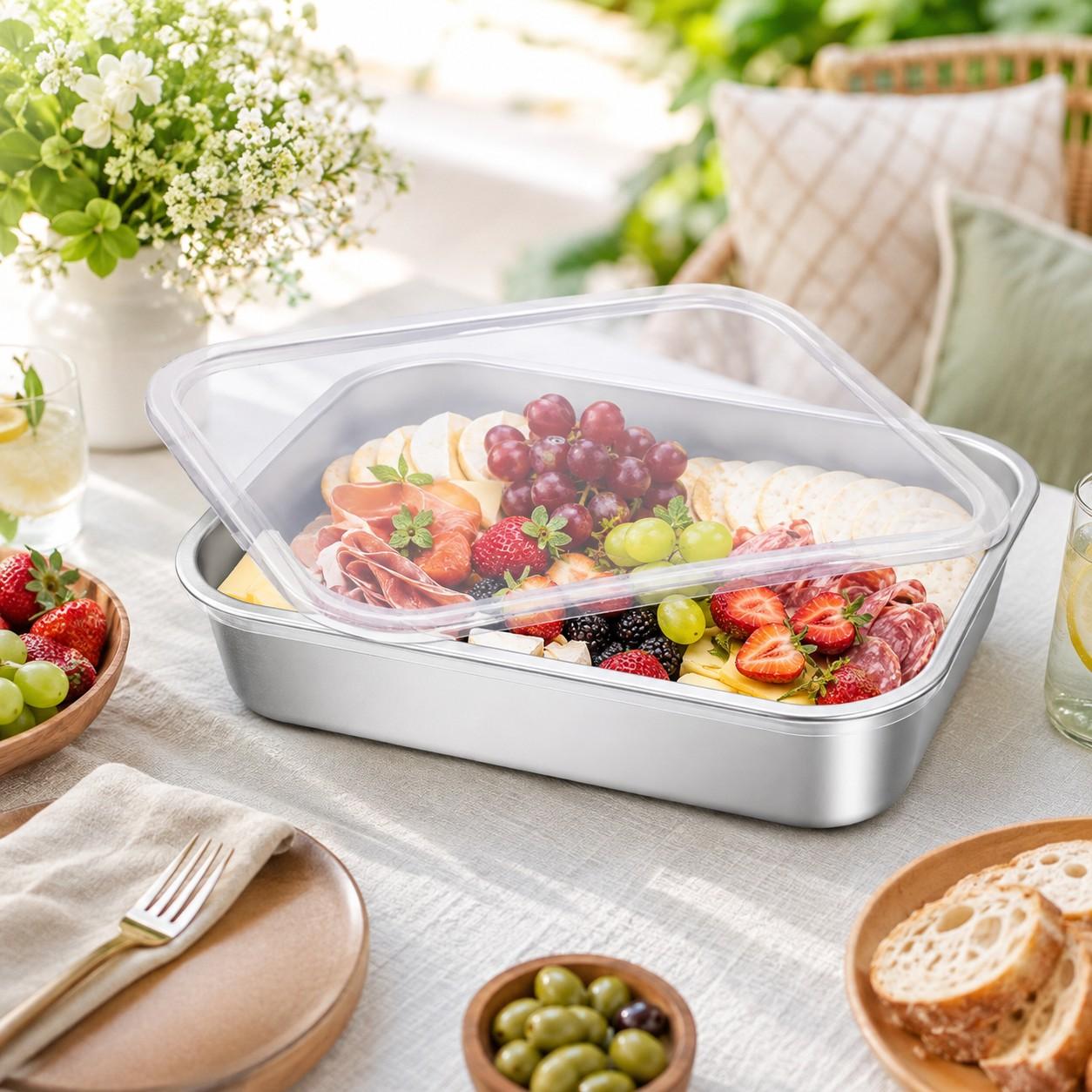 Stainless Steel Rectangular Tray with Lid – Thickened food-grade storage tray for steaming, serving and food preservation. Durable multi-purpose kitchen container, not microwave safe.