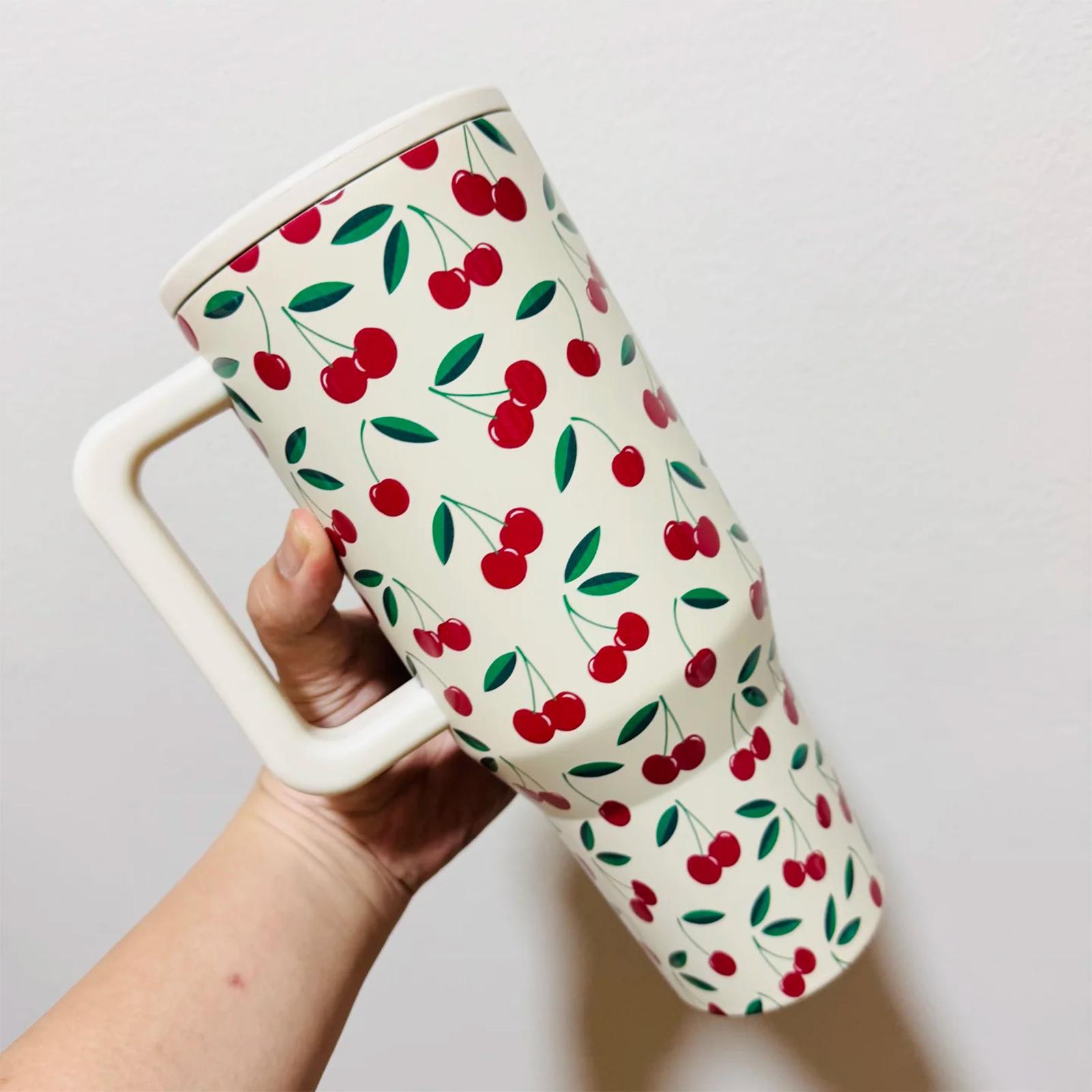 40oz Stainless Steel Reusable Vacuum Insulated Mug Tumbler with Cherry Design, Handle & Straw Lid, Keeps Drinks Hot Cold, Leak-Proof Portable Cup for Travel Office Home Use