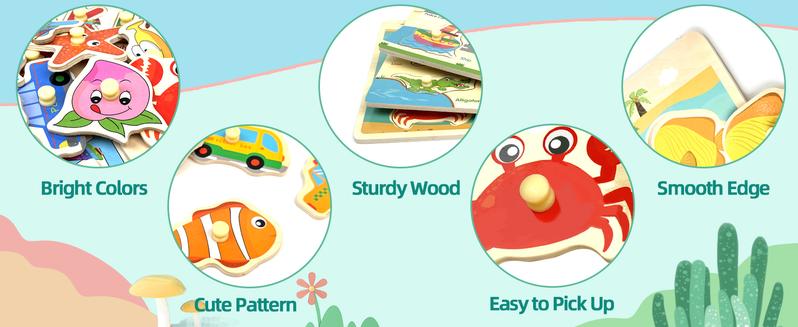 edutree Wooden Peg Puzzles for Toddlers 1 2 3 4, 6 Pack Educational Peg Puzzles Montessori Toys, Learning Puzzles for Kids Girs Boys with Alphabet Number Animal Vehicle Shape, Halloween gift