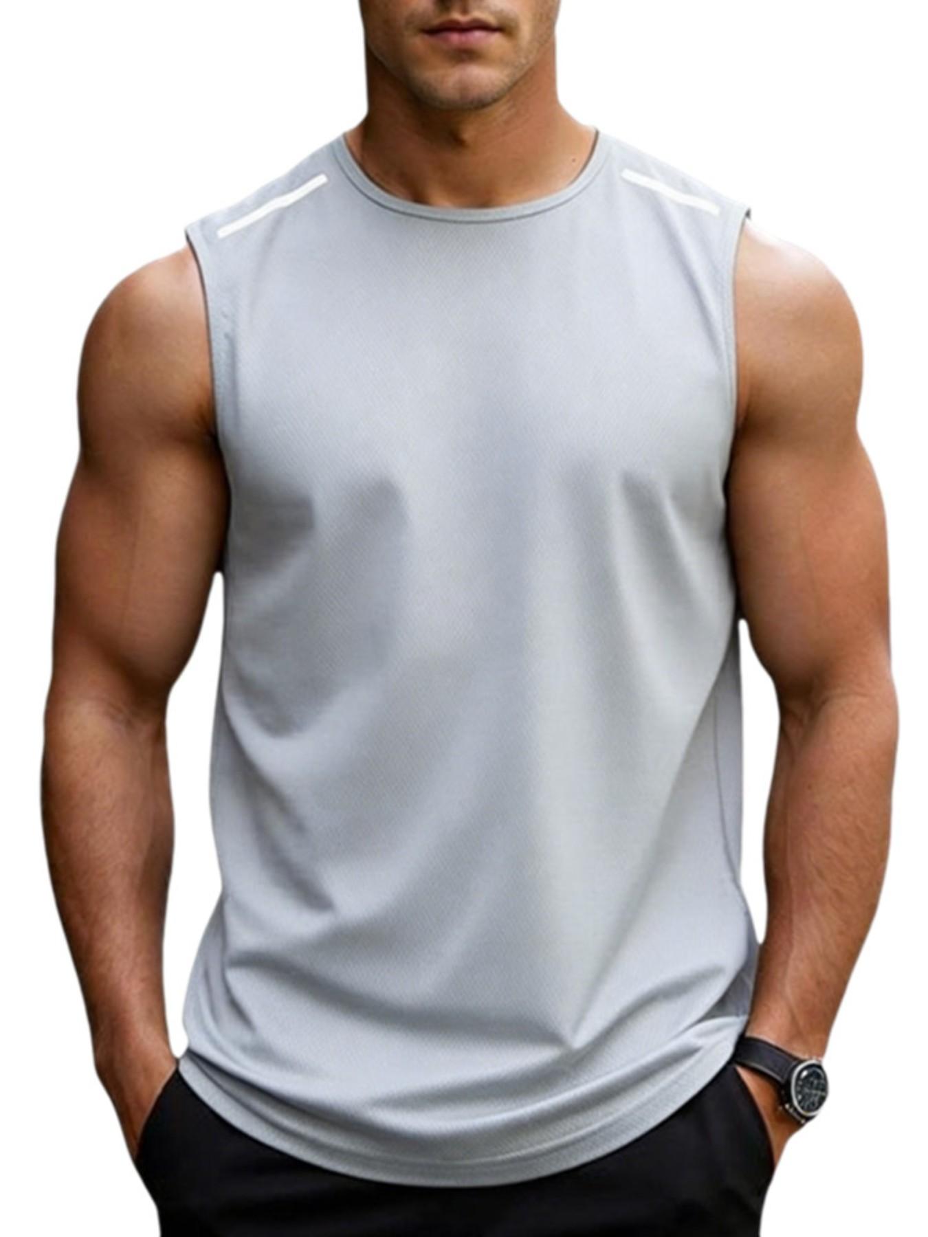 Men's Moisture-Wicking Sleeveless Training Vest, Reflective Detail Sportswear, Ideal for Running and Workouts, Casual Plain Style