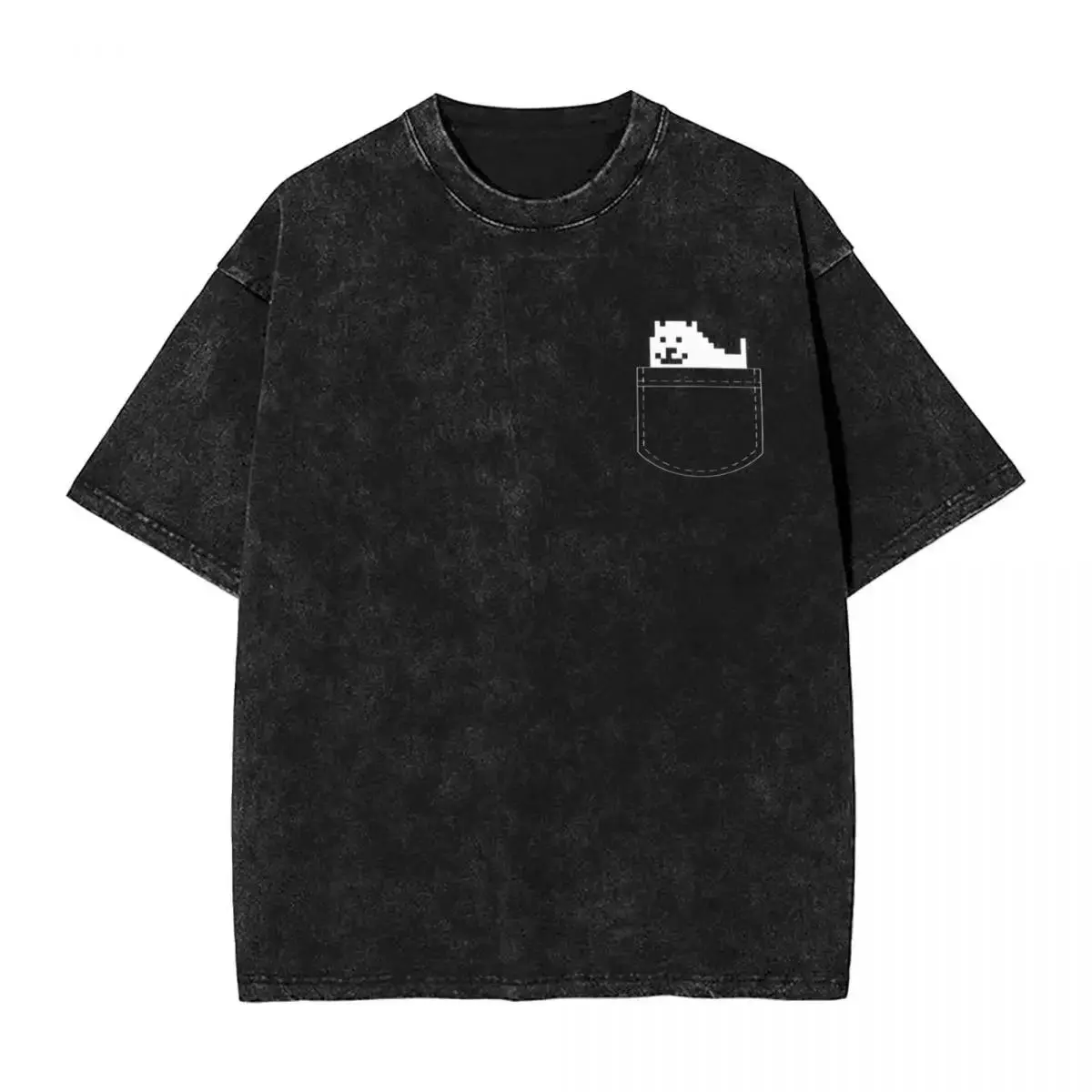 Washed Cartoon T Shirts Undertale Dog Pocket Graphic T-Shirts Loose Streetwear Short Sleeve Tee Shirt Men Women Clothing
