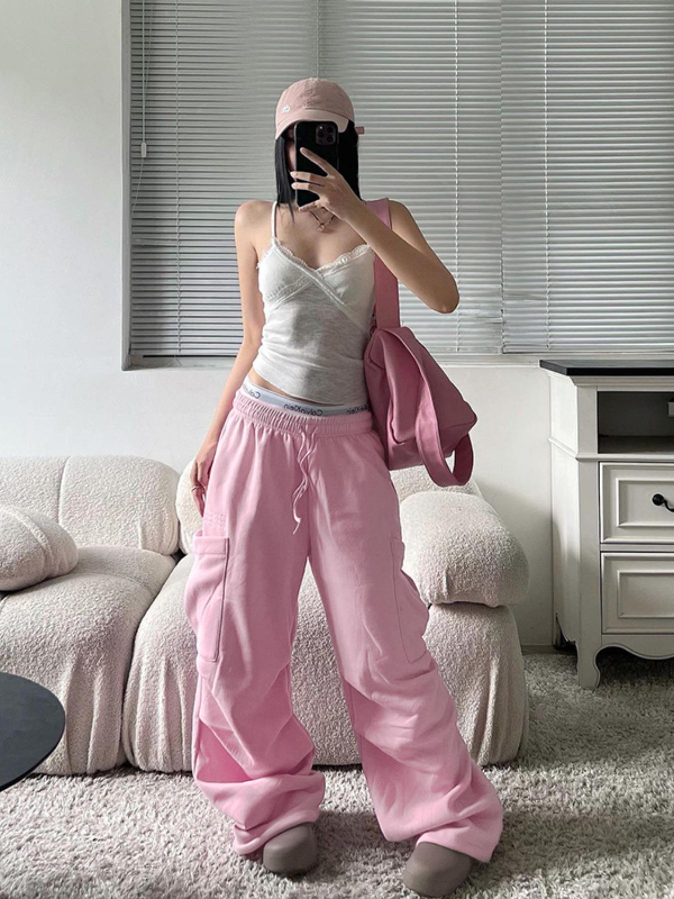 Women's Plain Drawstring Waist Cargo Pants, Casual Pocket Wide Leg Trousers for Daily Wear, Ladies Bottoms for All Seasons