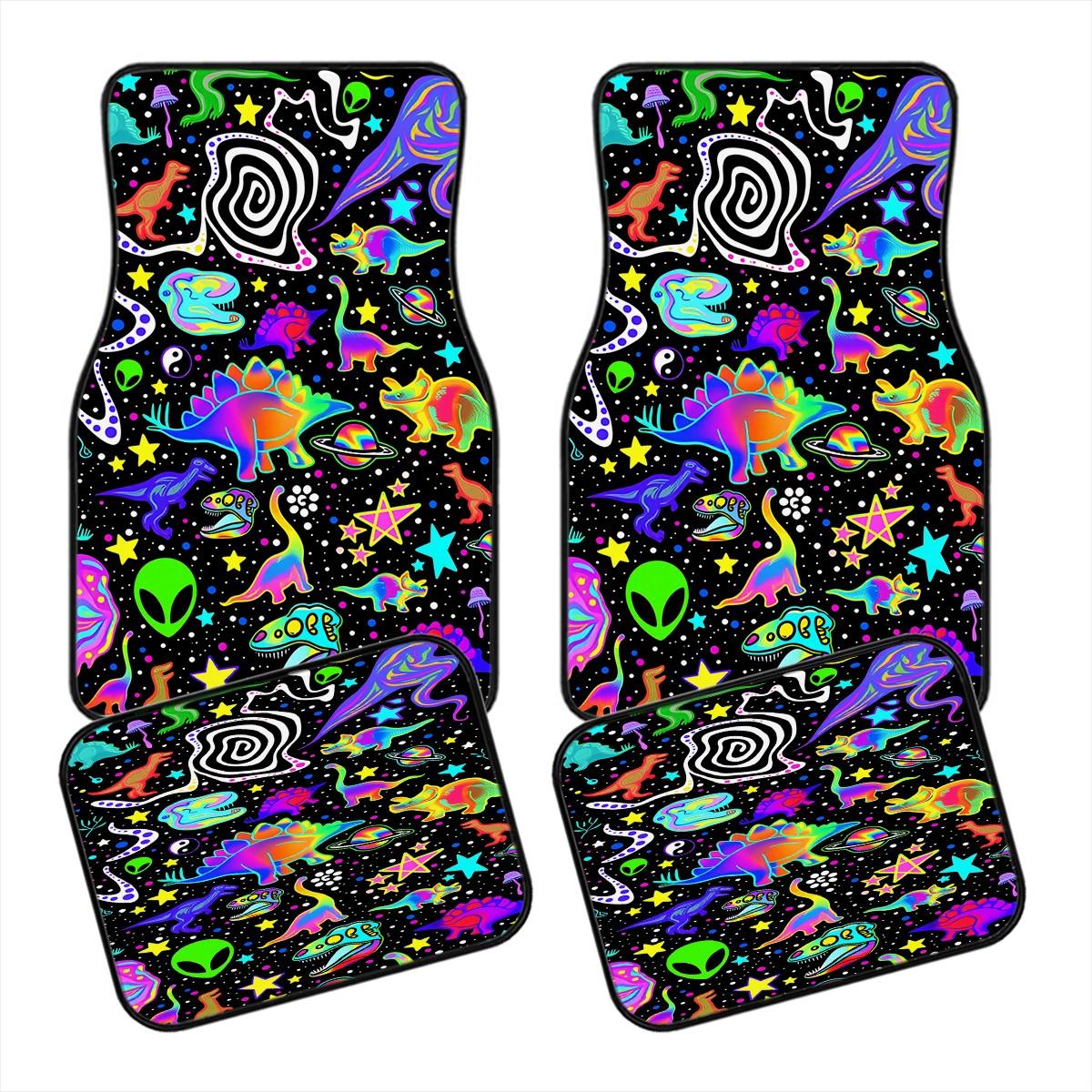 4pcs Y2K Neon Dinosaur Alien Car Floor Mats, Anti-Slip Polyester, Durable Absorbent, Easy to Clean, Suitable for Trucks Vans Suvs
