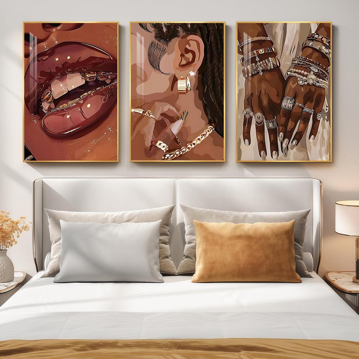 3 Counts Aluminum Alloy Framed Painting, Stylish Woman Jewelry And Gold Accessories Art Posters, Home Decoration For Living Room, Bedroom, Office, Restaurant, Hallway Wall Decor, Odorless Print Artwork, Luxury Perfect Gift For Friends And Family