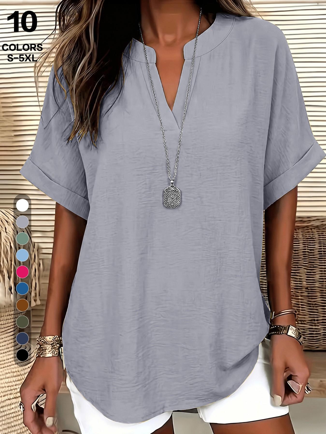 2026 European Style V Neck Short Sleeve Shirt, Casual Fitted T-Shirt, Summer Loose Fit, Hides Belly, Tall Look, Versatile Top