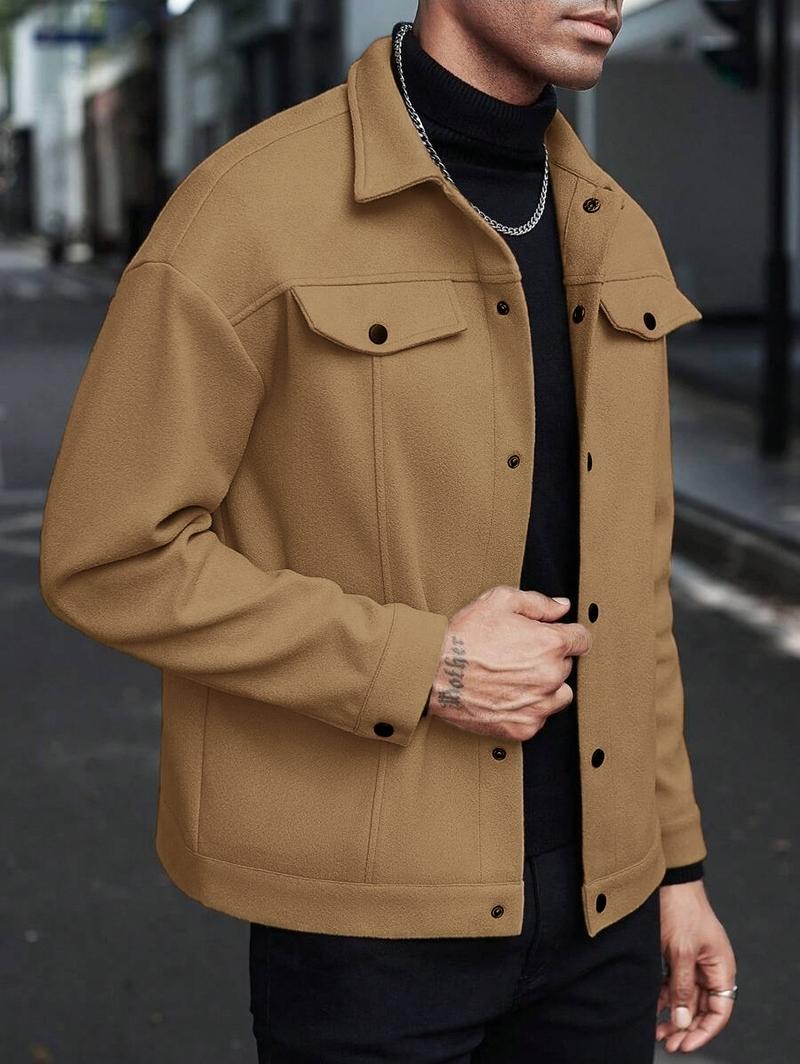 Men's Plain Color Flight Jacket for Autumn and Winter, Classic Stand-up Collar Design with Single-row Button Closure, American Vintage Coat, Back-to- Jacket, Motorcycle Suit. Casual Fashionable Jacket Workwear Jackets