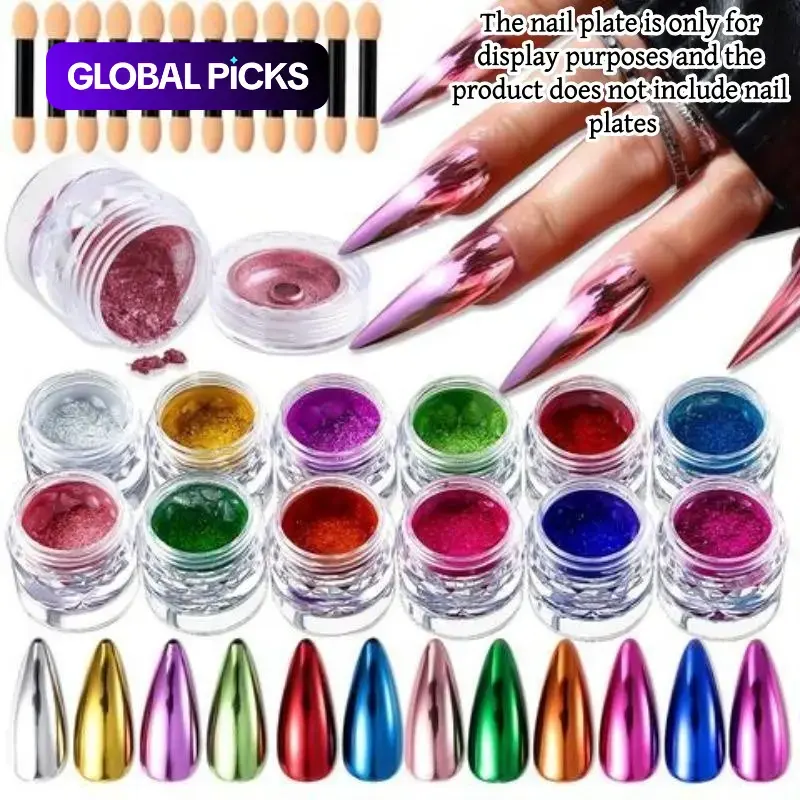 12 Colors Metallic Chrome Mirror Nail Powder Set, Multi-Functional Nail Flakes for Nail Art Decoration and Nail Designs, High-Quality Nail Art Supplies Accessories #GLOBAL PICKS