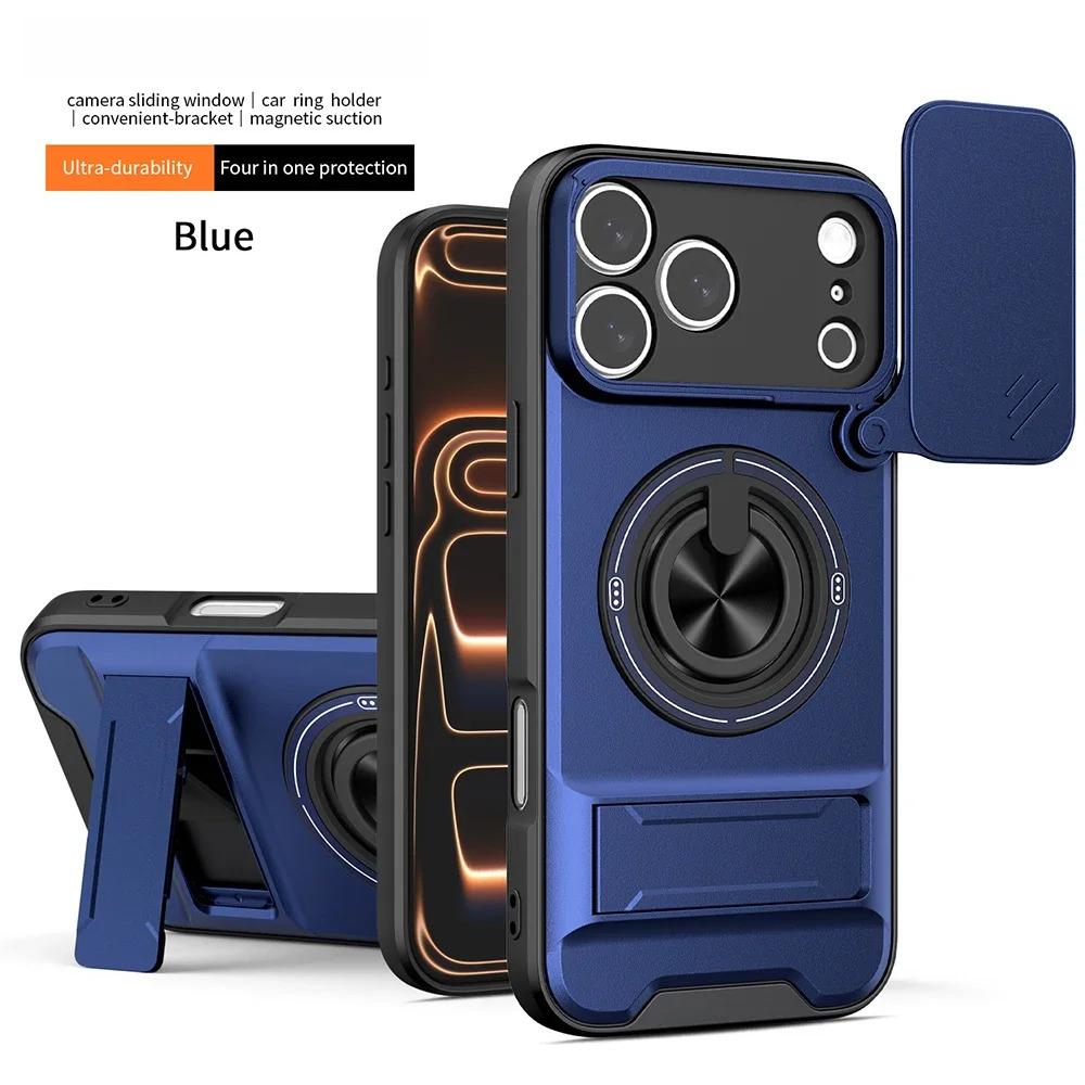 Phone Case: 3pcs Set[1 Phone Case+2 Screen Protectors] Luxury Multi-Functional Creative Push Window Rotating Ring Stand Phone Case Compatible with iPhone 17 16 15 14 13 12 11 Pro Max Plus Durable Fashion Magnetic Wireless Charging Shockproof Lens