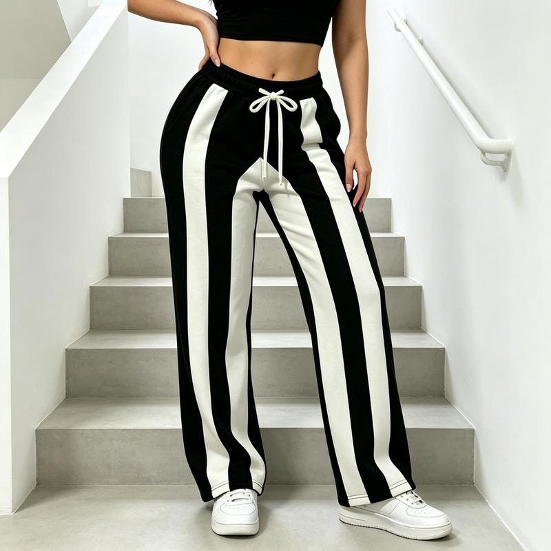 Women's High-Waist Full-Length Color-Block Joggers - Drawstring Waist, Loose-Fit Wide-Leg, Universal Sport Female Lounge Trousers, All-Seasons Streetwear, Machine Wash Cold