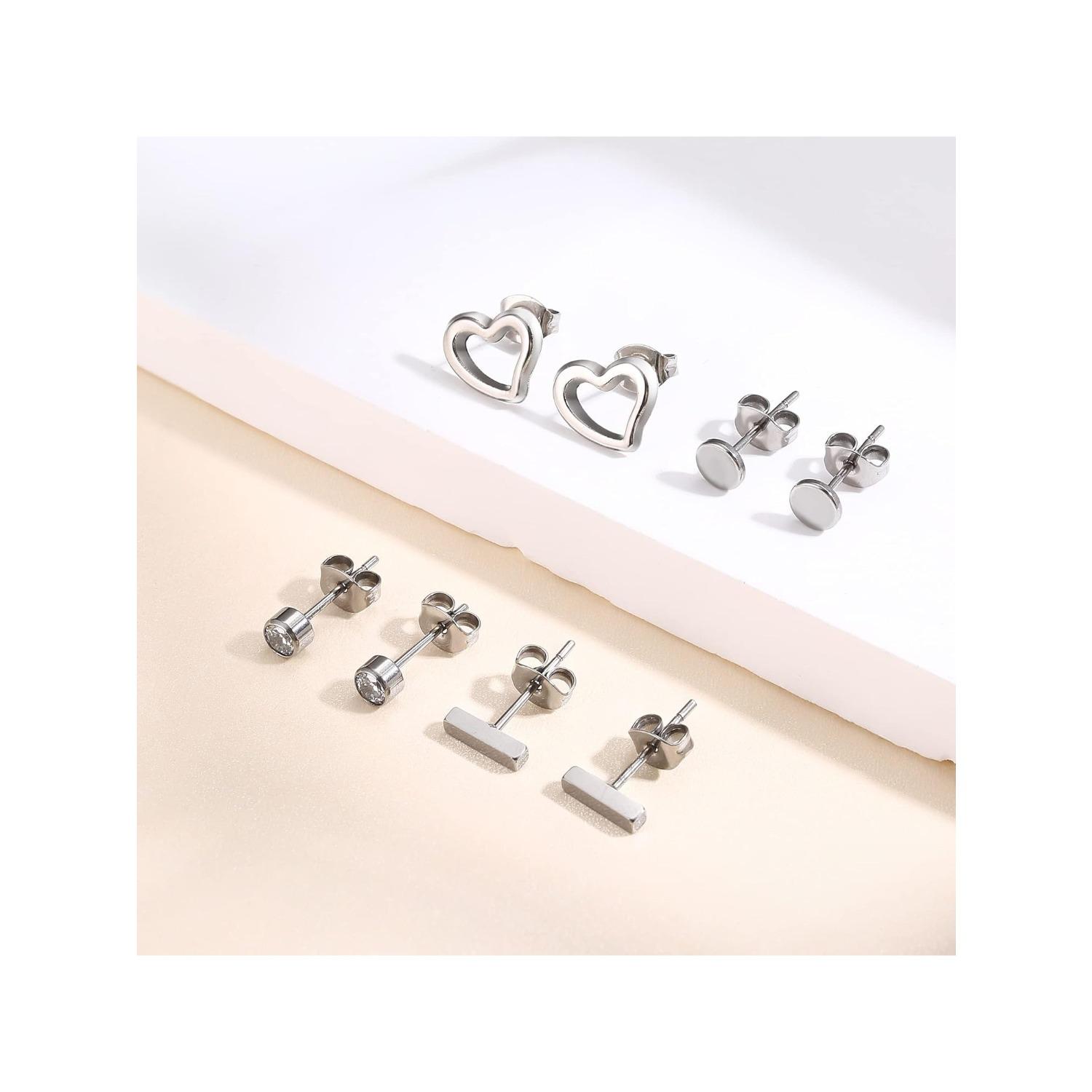 20G Titanium Earrings Studs for Sensitive Ears, Hypoallergenic Implant Grade Titanium Stud Earrings for Women Men| Cz Bar Tiny Dot Heart Titanium Cartilage Earring Nap Sleeper Piercing Earrings Mens Earrings Set