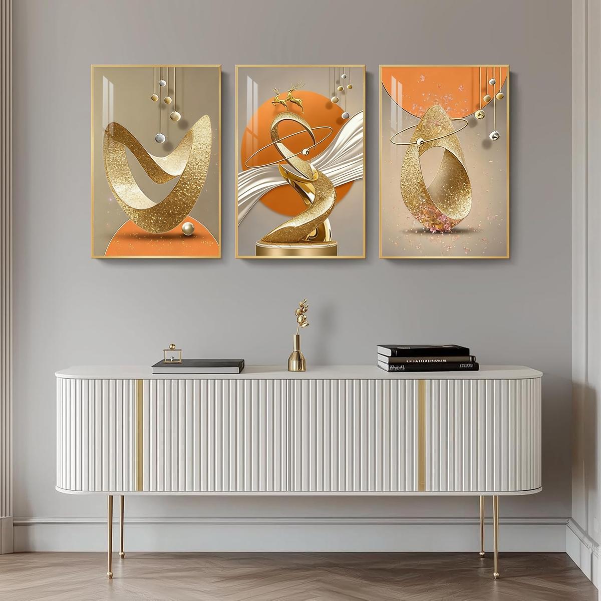 3 Counts Aluminum Alloy Framed Painting, Modern Abstract Golden Sculptural Art Pictures, Home Decoration For Living Room, Bedroom, Office, Restaurant, Hallway Wall Decor, Odorless Print Artwork, Luxury Perfect Gift For Friends And Family