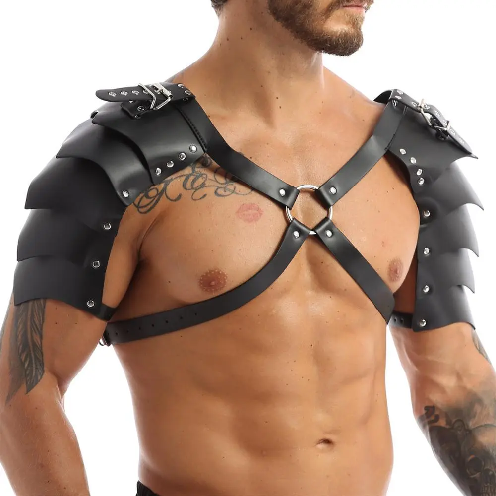 Effortless Black Leather Double Shoulder Pauldrons Armor Harness Layered Gladiator Warrior Breastplate O Ring Chest Straps Adjustable Buckles Vintage Gothic Medieval Cosplay Festival Wear