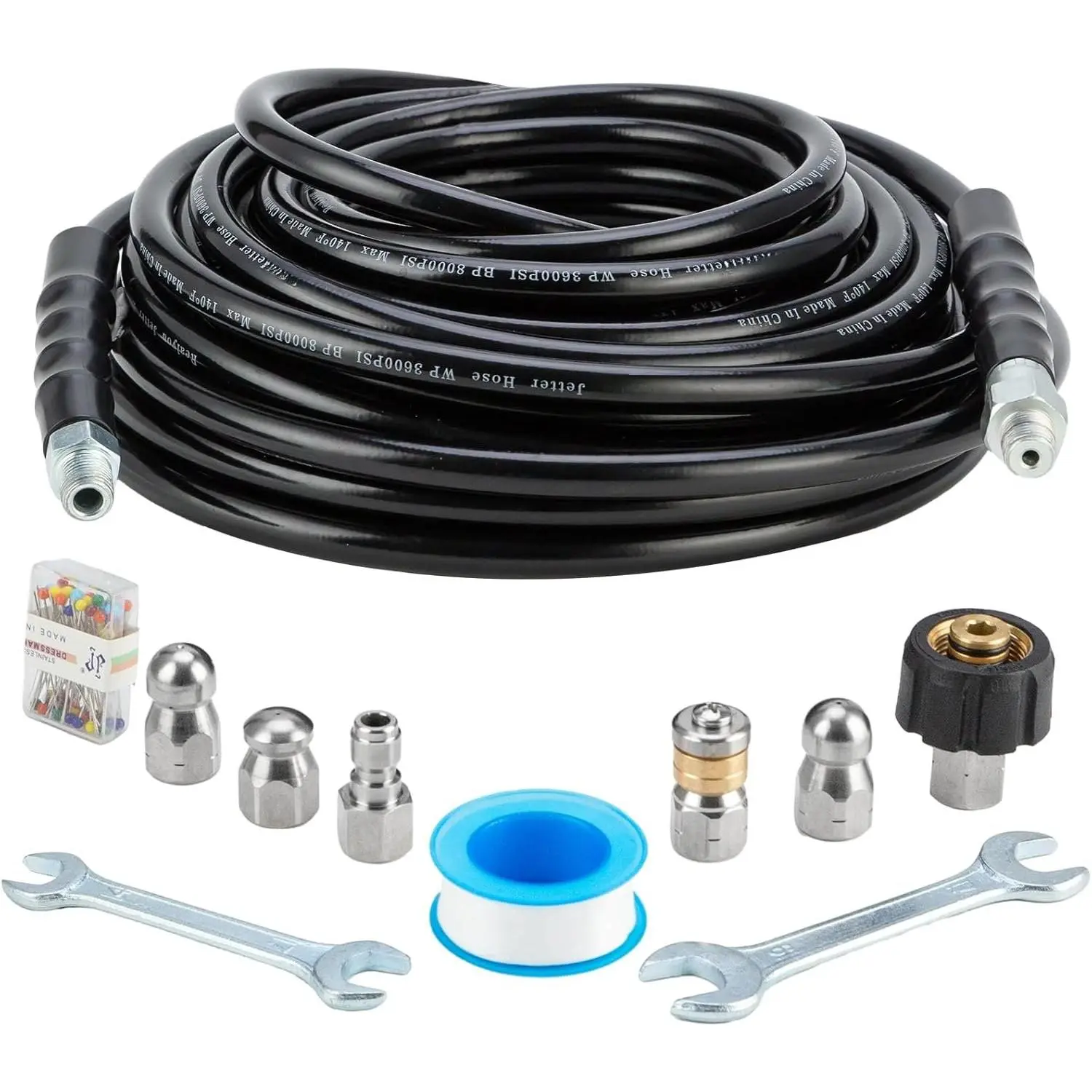 Sewer Jetter Kit 50FT for  Washer,  Washer Drain Jetter with 5800PSI Cleaner Hose 1/4 Inch NPT, Corner, Rotating & Button Nose Sewer Jetting Nozzle Spanner  Tape  Pin