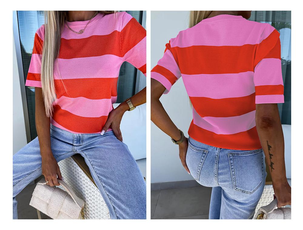 Asvivid Women's Summer Tops Bright Pink Colorblock Striped Ribbed Knitted Round Neck T Shirt Stripe Top SpringStatements