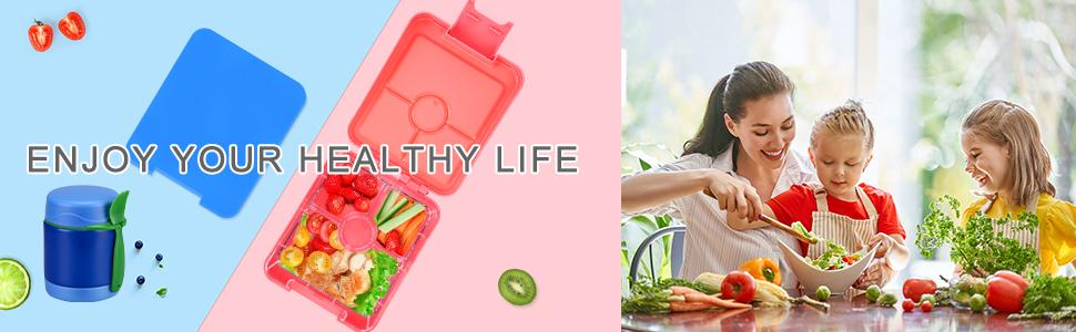 Pawtong Bento Lunch Box Set With 10oz Soup Thermo, Leak-proof Lunch Containers with 4 Compartment, Kids Hot Thermo Food Jar/Insulation Lunch Bag, Food Containers for School