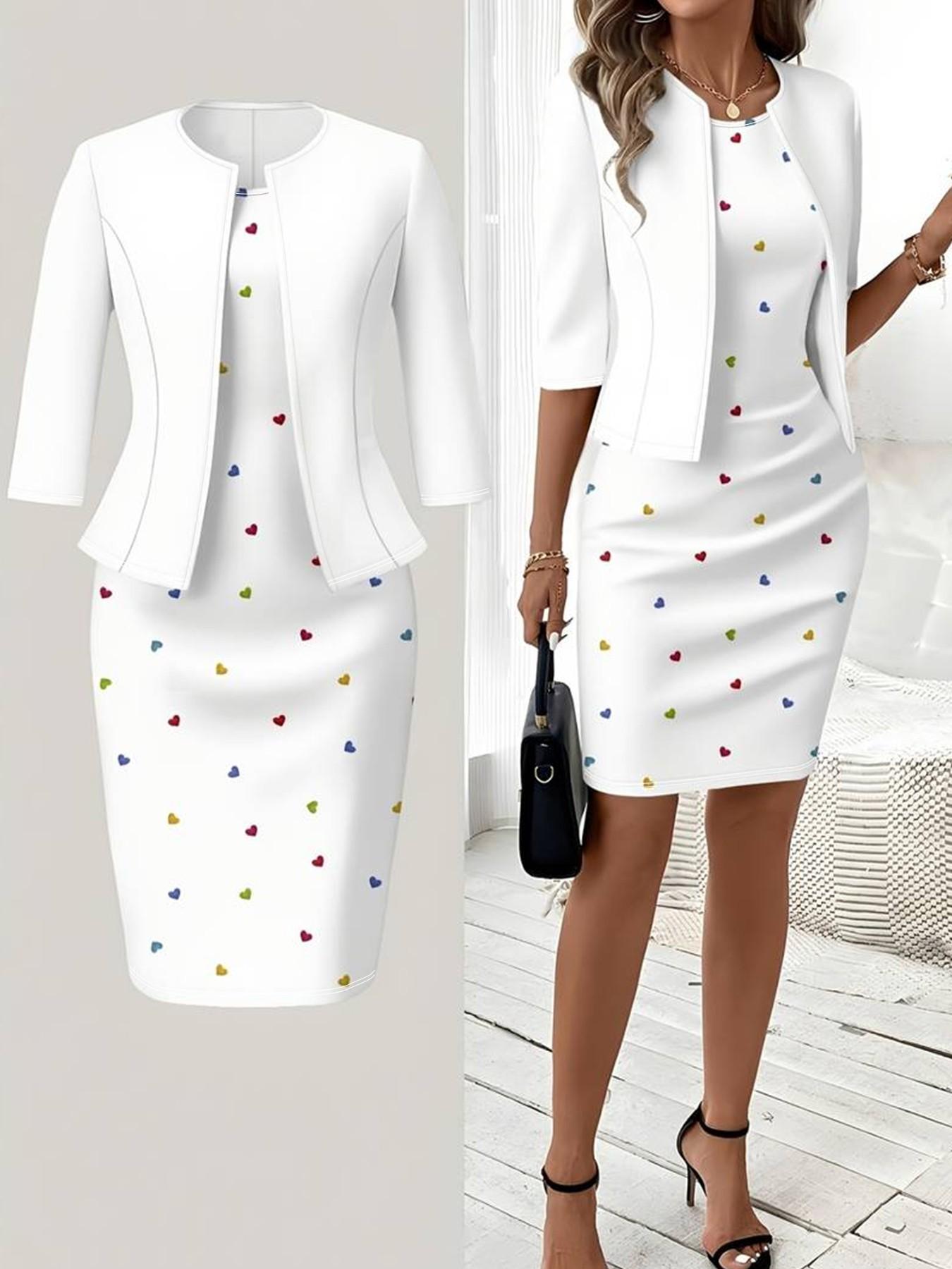 (short skirt) (small size) (general fabric) (printing design) Spring, summer and autumn knitted cardigan blouse with slim waist and printing design; classic straight dress, two-piece suit, suitable for women; elegant wedding guest dress