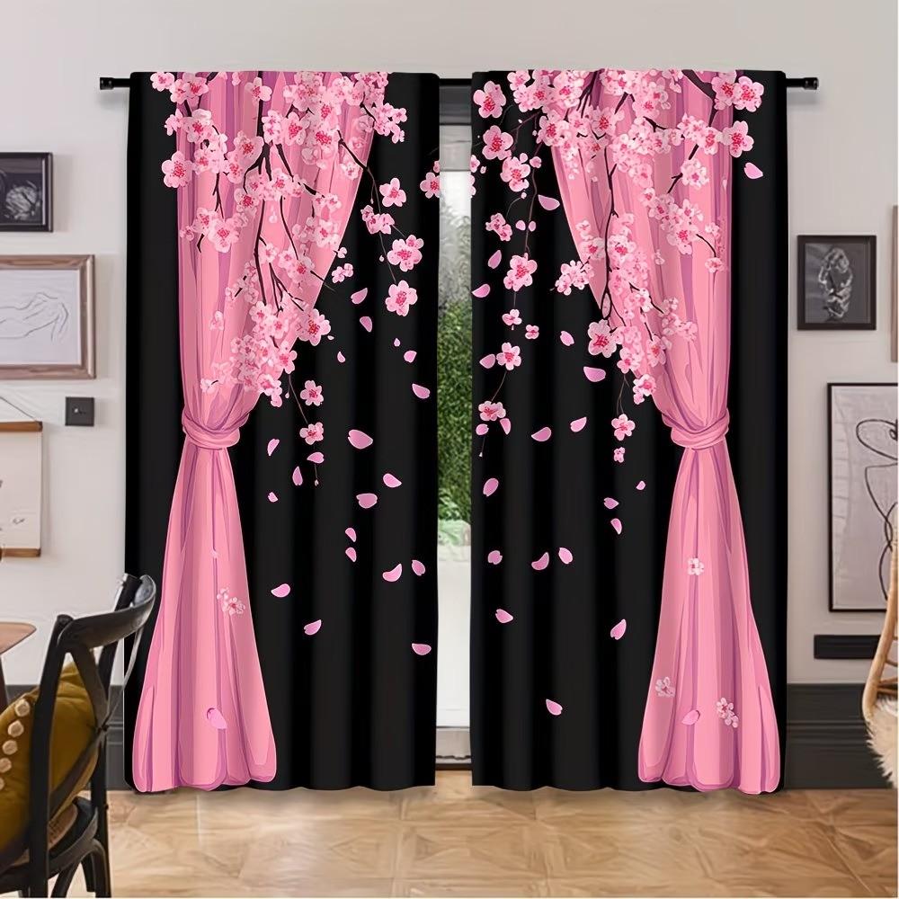 2-piece Pink Cherry Blossom Drifting Petal Romantic Semi-Transparent Polyester Curtains with Rod Installation. Featuring high-definition digital printing and machine-washable fabric, they are ideal for bedrooms, boudoirs, Japanese tea rooms, and cherry bl