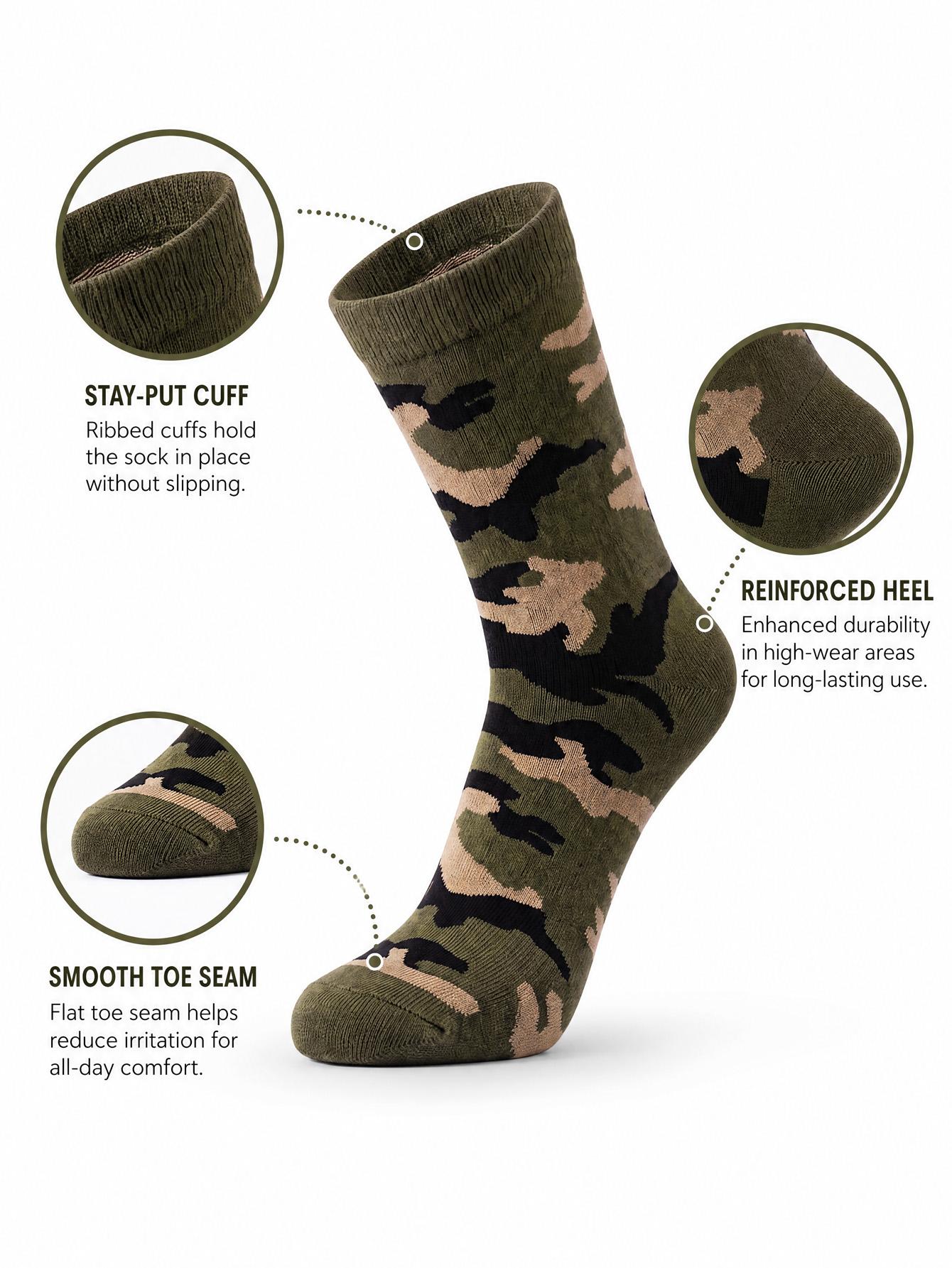 5 Pairs Men's Camouflage Pattern Durable Comfortable Crew Socks, Breathable Classic Sports Socks for Outdoor Hiking Work Daily Wear, Gift Idea