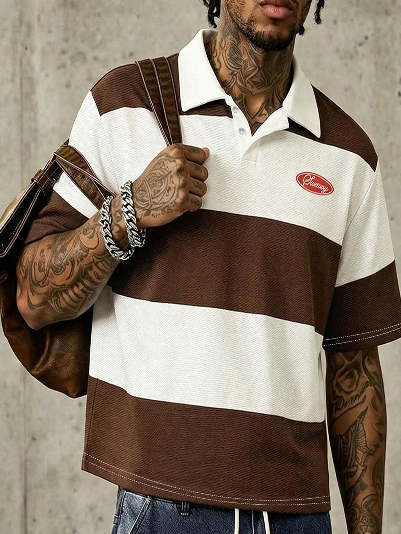 Men's American-Style Wide-Striped Collared Polo Shirts, Summer Short Loose-Fit Top, Casual Collar Streetwear