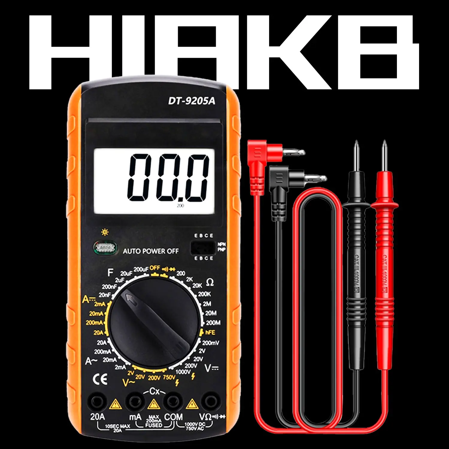 HIAKB DT-9205A Multimeter, Digital Manual-Ranging 750V AC/DC Voltage Tester, Tests Batteries, Current, Resistance, Diodes, and Continuity