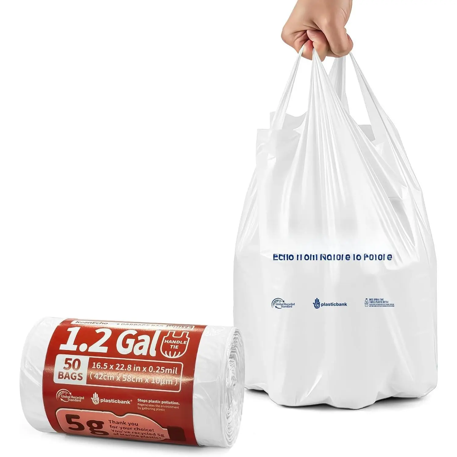 Small Trash Bags with Handles -  Plastic Upcycling - Plastic Garbage Bags, Can Bin &  Basket Liner for Kitchen, Bathroom, Office and Pets,1.2 Gallon 50 Count White